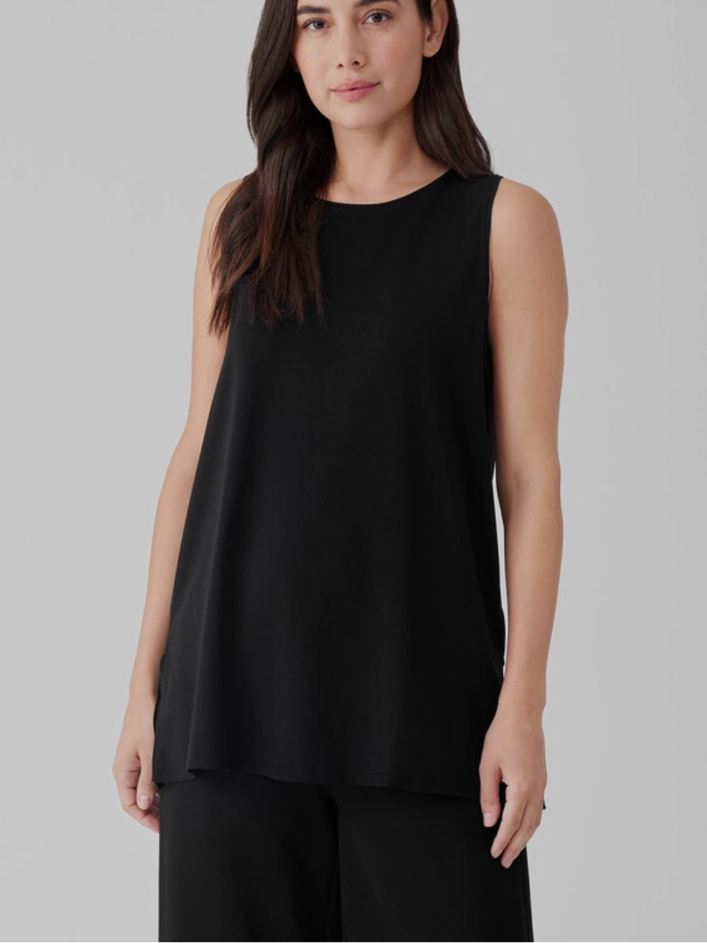 Eileen Fisher Black Tencel Lyocell Tank Top Large L Side Slit Shell Sleeveless